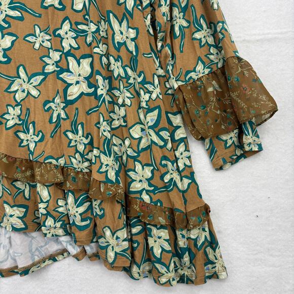 LOGO Lori Goldstein Tunic Blouse Top Size 2X Brown Green Floral Ruffle FLAW - Picture 5 of 13